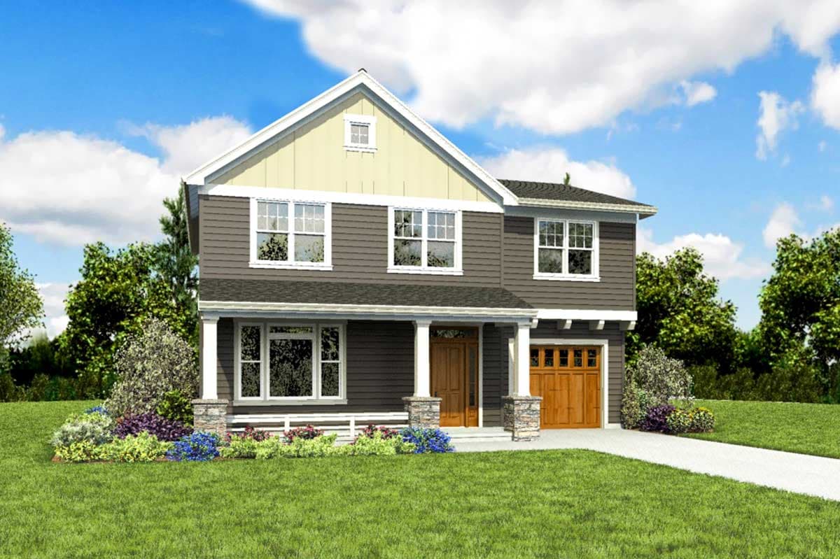 House plan exterior: Two-story home with front porch, gable dormer, and attached garage.