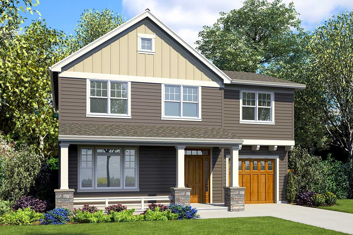 House plan exterior. Two-story Craftsman home with a front porch, gabled roof, and attached garage. Windows have white trim.