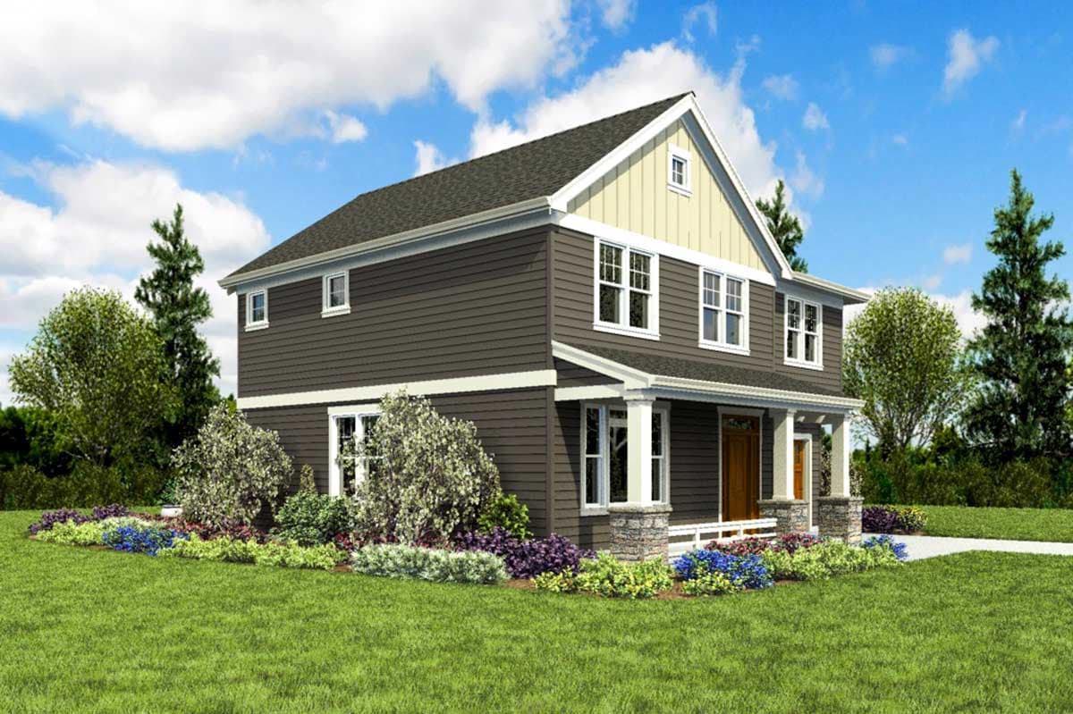 Two-story house plan exterior with a covered front porch supported by stone-clad columns, double-hung windows, and a prominent gable.