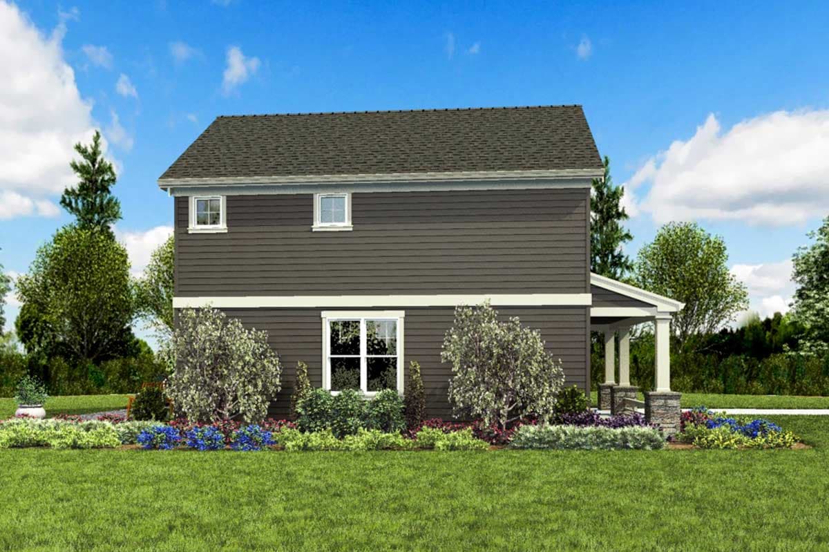 Two-story house plan exterior with lap siding, gabled roof, white-trimmed windows, and a covered porch supported by stone-base columns.