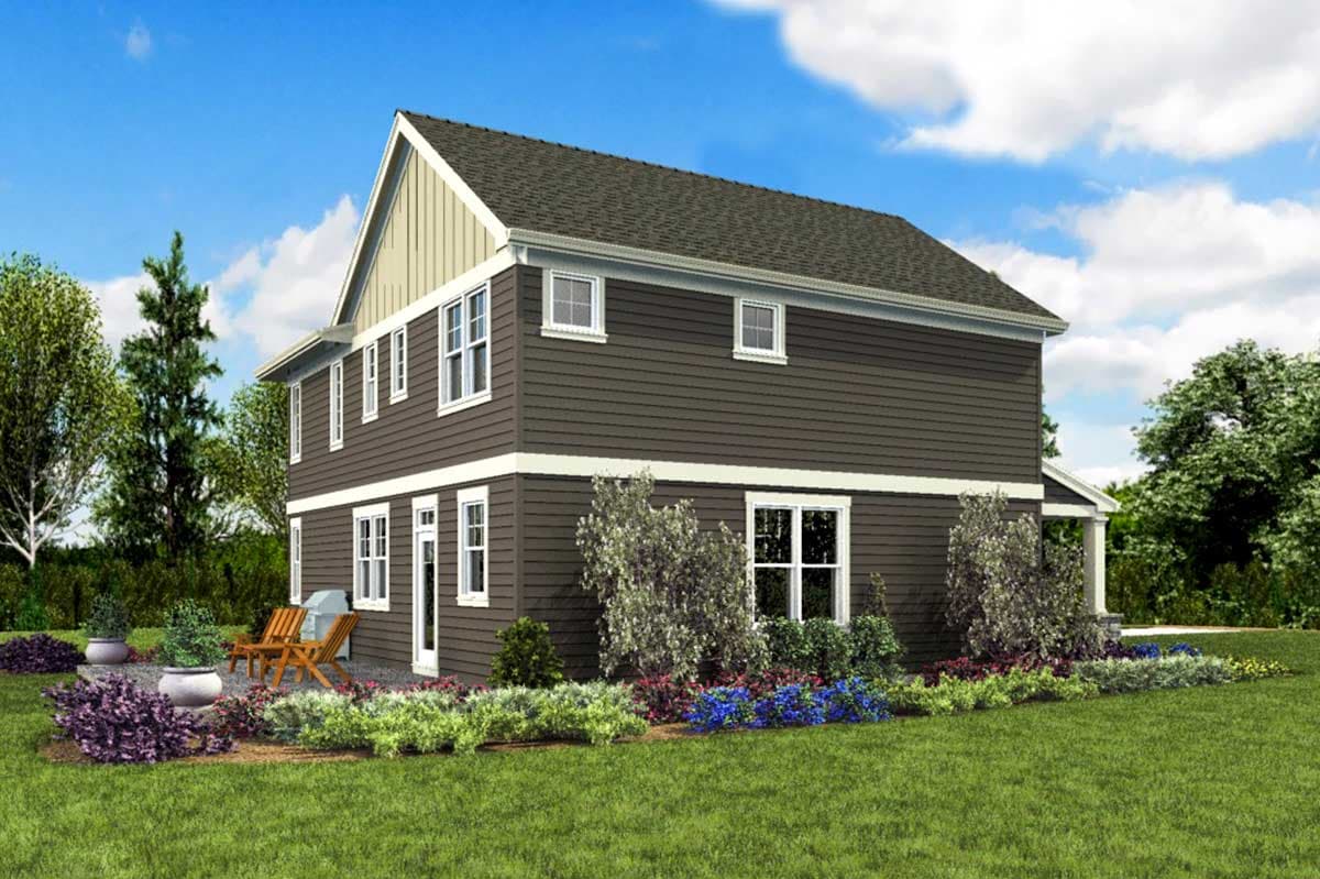 House plan exterior: Two-story home with horizontal siding, gabled dormer, and white trim details. Features include a covered porch.