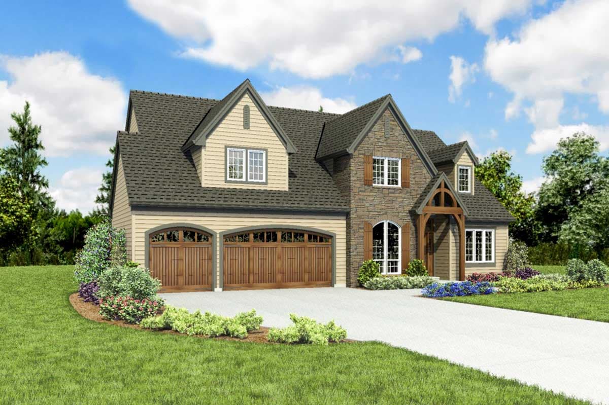House plan exterior: Two-story home with stone and shingle siding, arched entry, dormers, and a three-car garage.