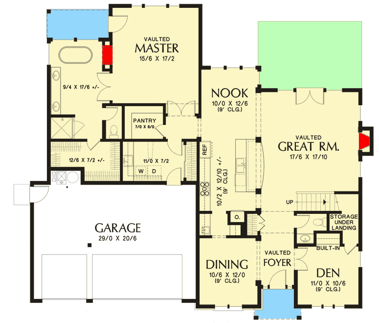 Plan 69697AM: 4-Bed House Plan with Vaulted Great Room and Master Suite - Floor Plan - Main Level - European, French Country, Northwest, Traditional