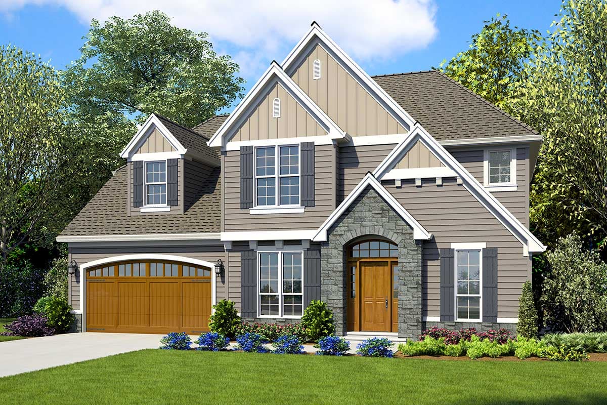 House plan exterior with two stories, gabled roof, stone-arched entry, and dormers. Features a garage and siding exterior.