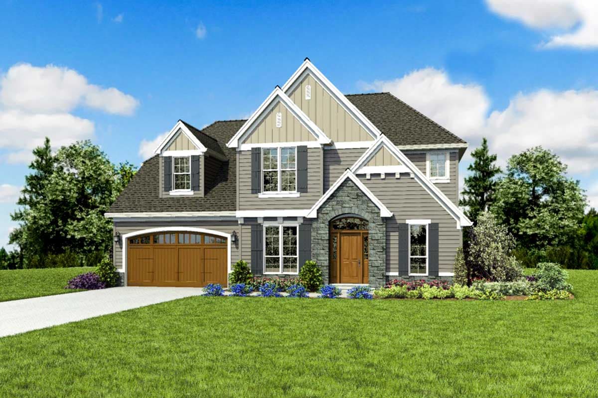 Two-story house plan exterior with stone-accented arched entryway, front-facing garage, and dormer windows.