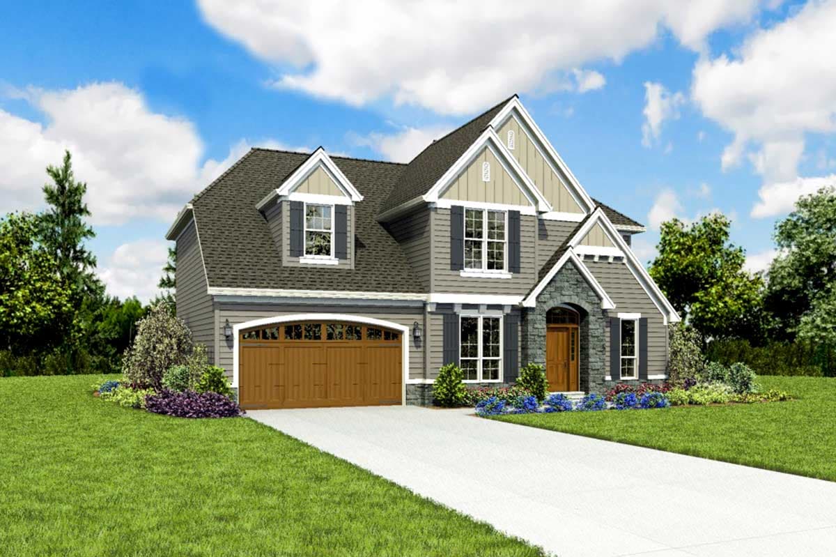 House plan exterior features a two-story home with a stone-clad entryway, dormers, gables, and a side-entry garage.