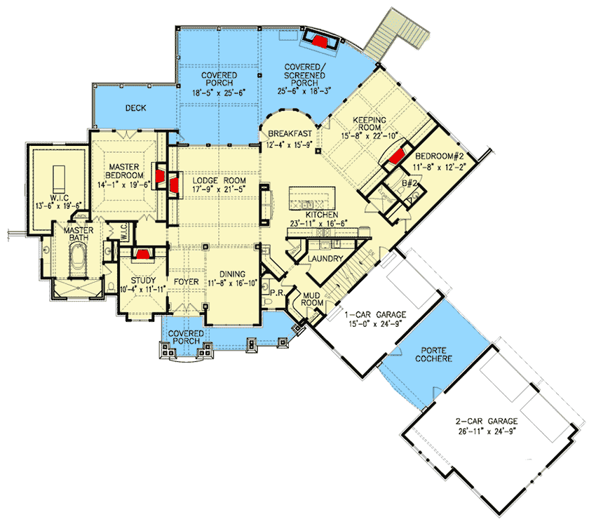 Plan 25644GE: Luxury Craftsman with 2nd floor Guest Suite - Floor Plan - Main Level - Craftsman, European, Rustic, Traditional