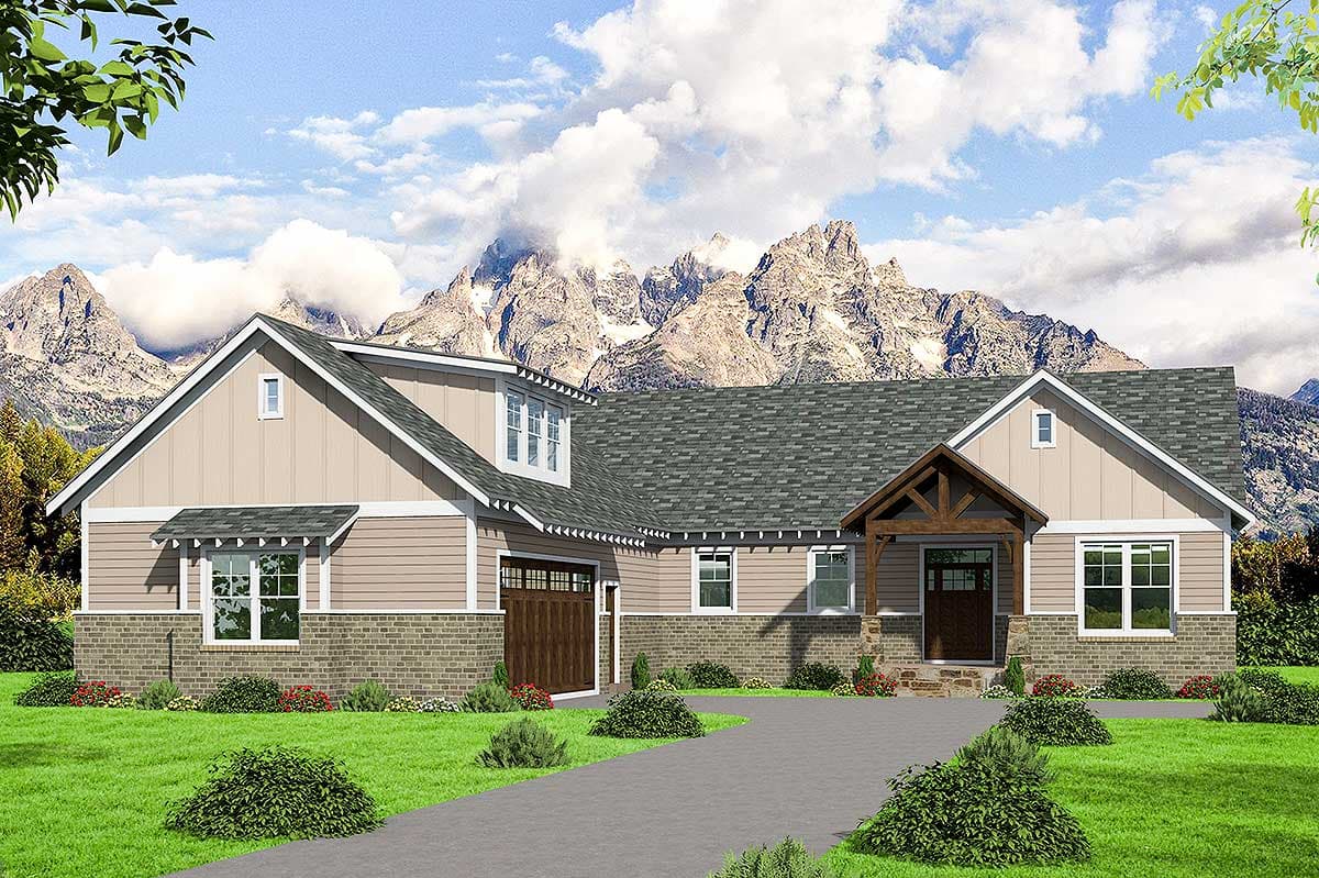 House plan exterior with Craftsman style, single story, and a front-facing gable. Features include a timber-frame entry and a garage.