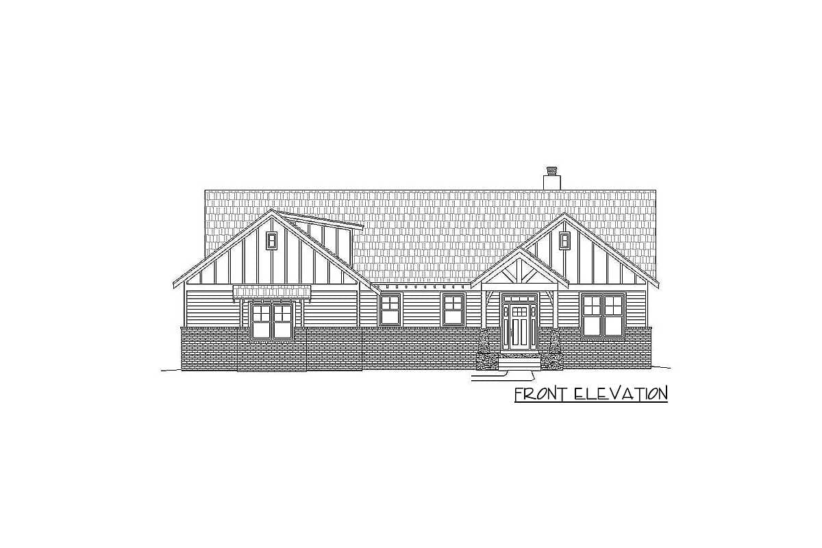 Front elevation drawing of a one-story house plan with a prominent gable, dormer, porch, and brick foundation.