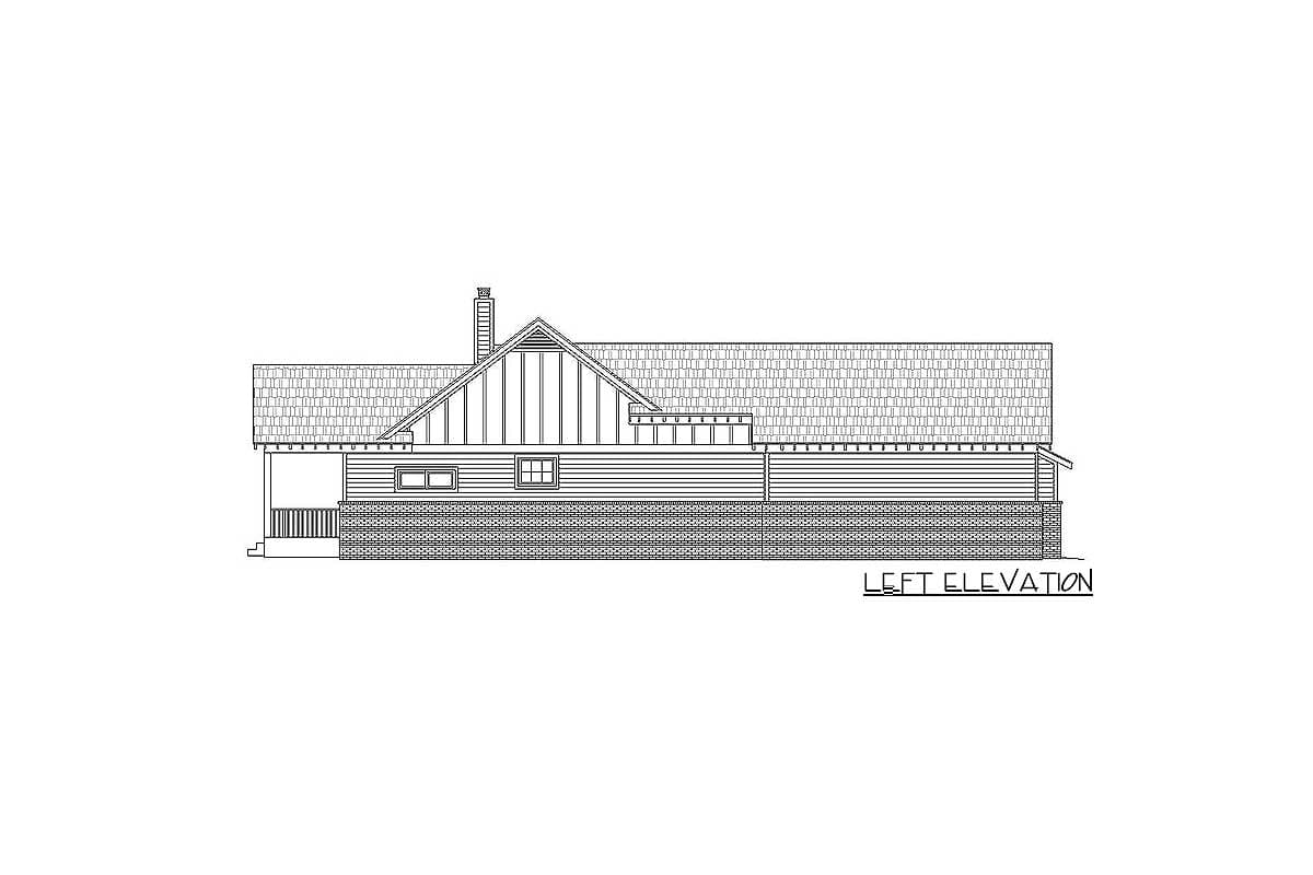 Left elevation drawing of a house plan with a gabled roof, dormer, and partial porch.