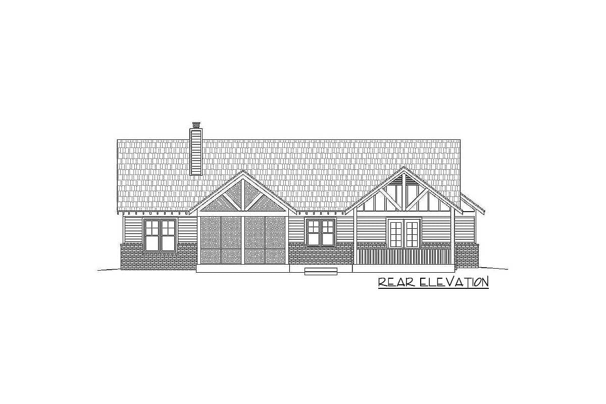 Rear elevation house plan. Features gabled dormers, a screened porch, and a brick foundation.