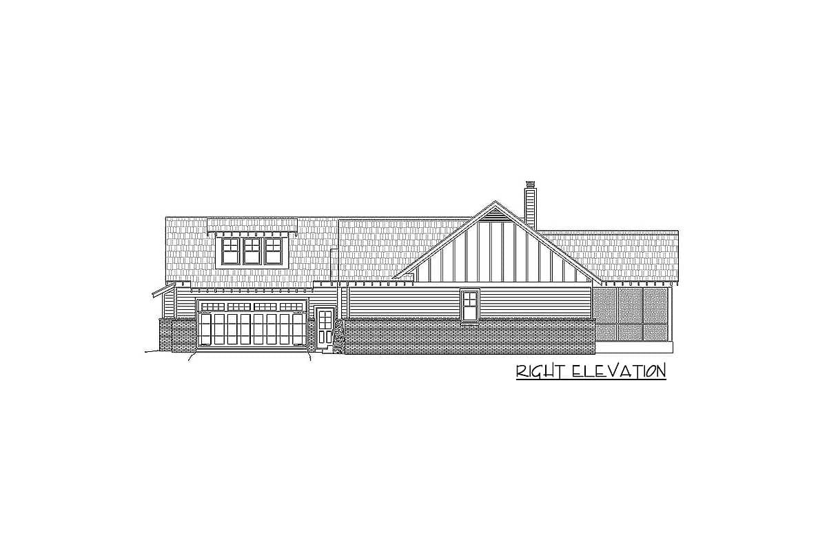 Right elevation of a house plan showing a multi-section garage door, dormer, and gabled roofline with exposed rafter tails.