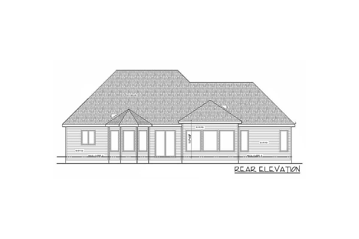 Rear elevation drawing of a one-story house plan with a complex roofline, bay windows, and sliding glass doors.