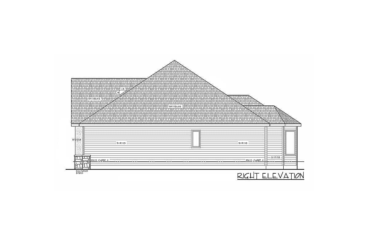 House plan right elevation showing siding, a gabled roof, and a single rectangular window.
