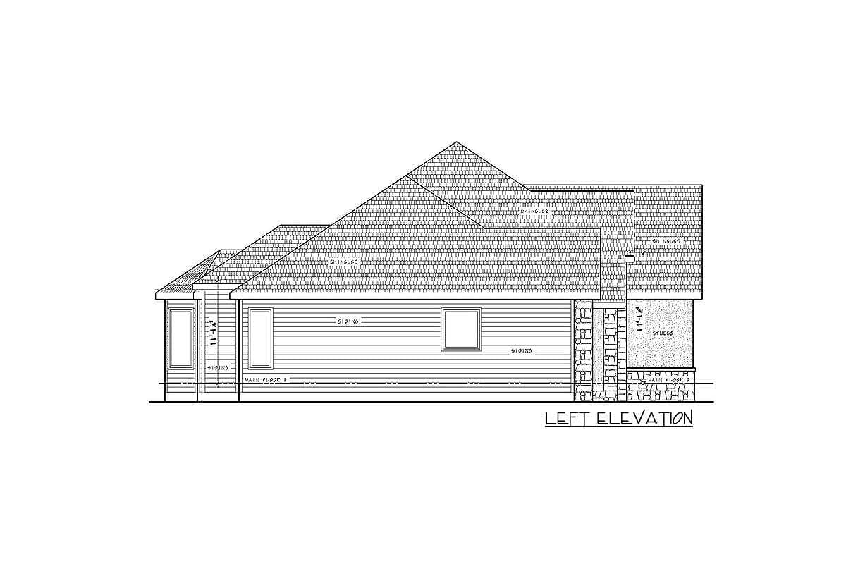 Left elevation house plan showing siding, shingles, stone accents, and stucco.