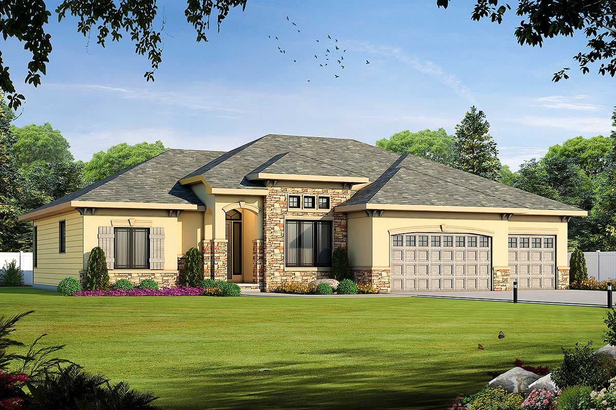House plan exterior. Single-story with stone facade accent, an arched entry, and a side-entry two-car garage. Gable roof and shutters are visible.