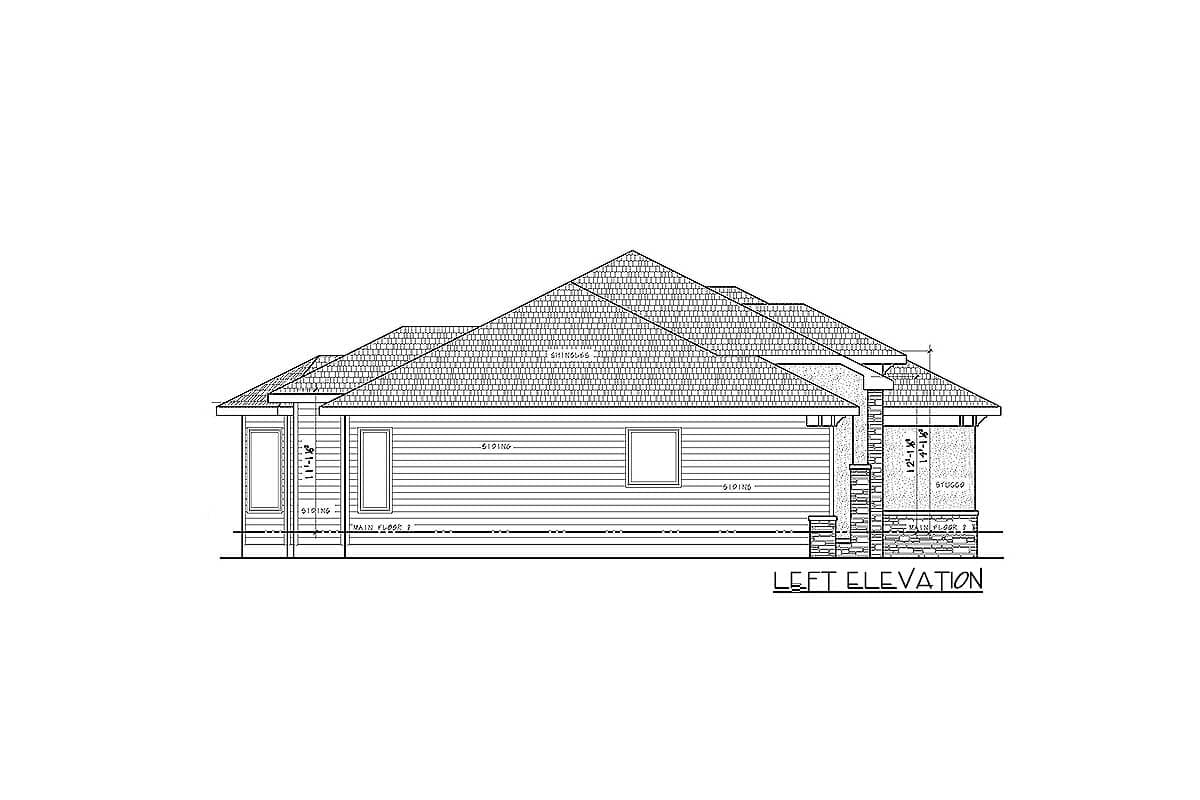 Left elevation house plan with siding and stone facade accents, hip rooflines, and various window types.