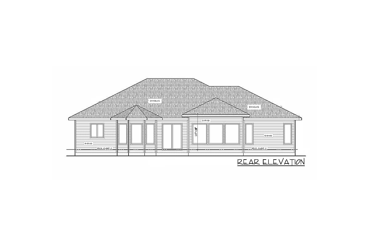 Rear elevation drawing of a house plan featuring a complex roofline, multiple windows, and siding.