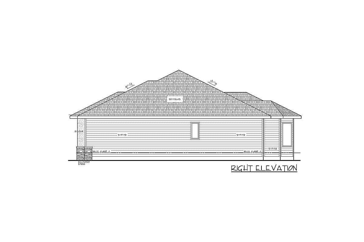 Right elevation of a house plan showing siding, stucco, stacked stone accents, and a complex roofline.