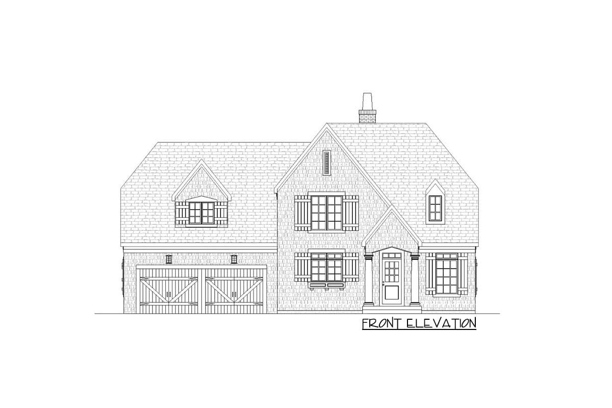 Front elevation house plan with a gable roof, dormer window, shutters, and double garage doors.