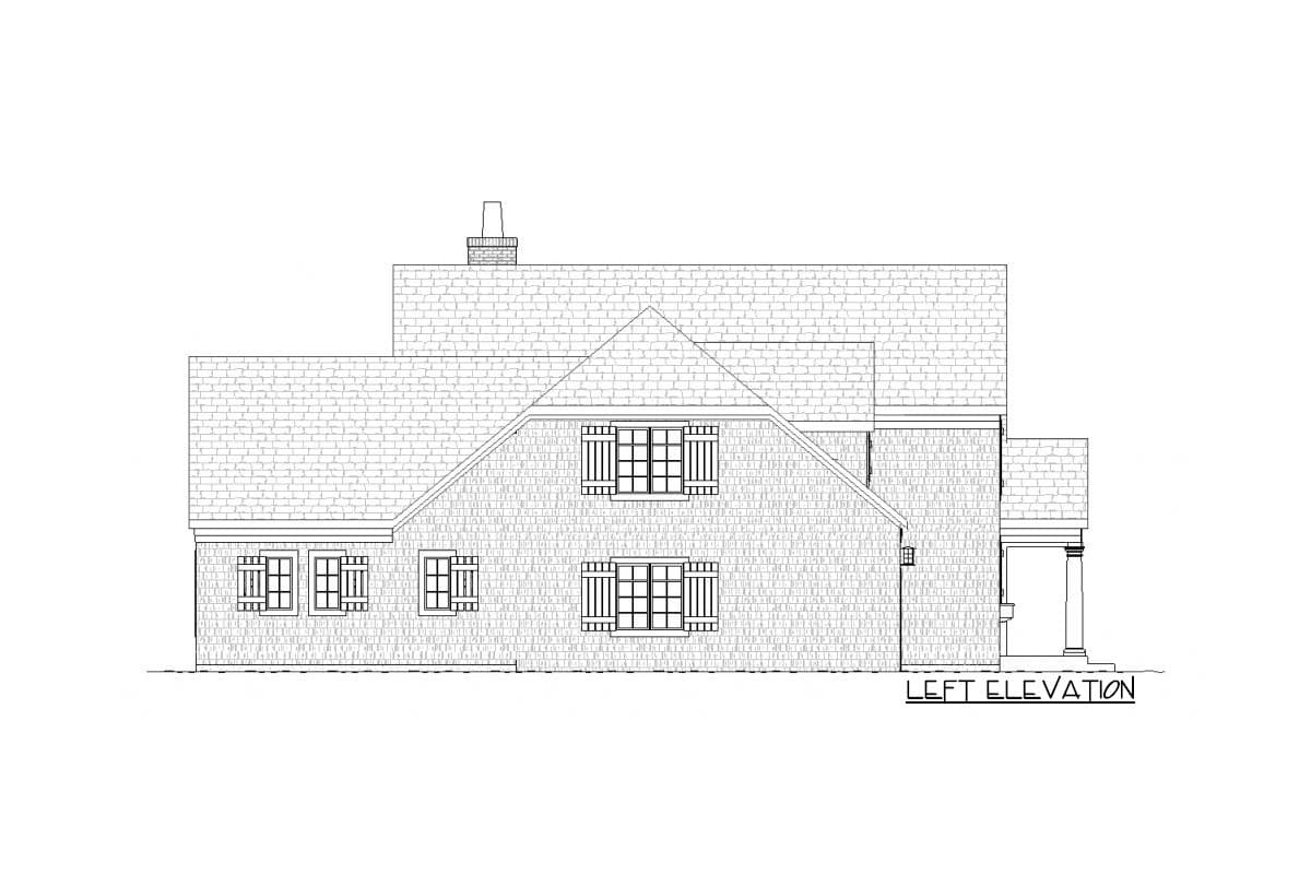Left elevation house plan showing a gambrel roof, multiple gables, a dormer, and a covered porch with columns.