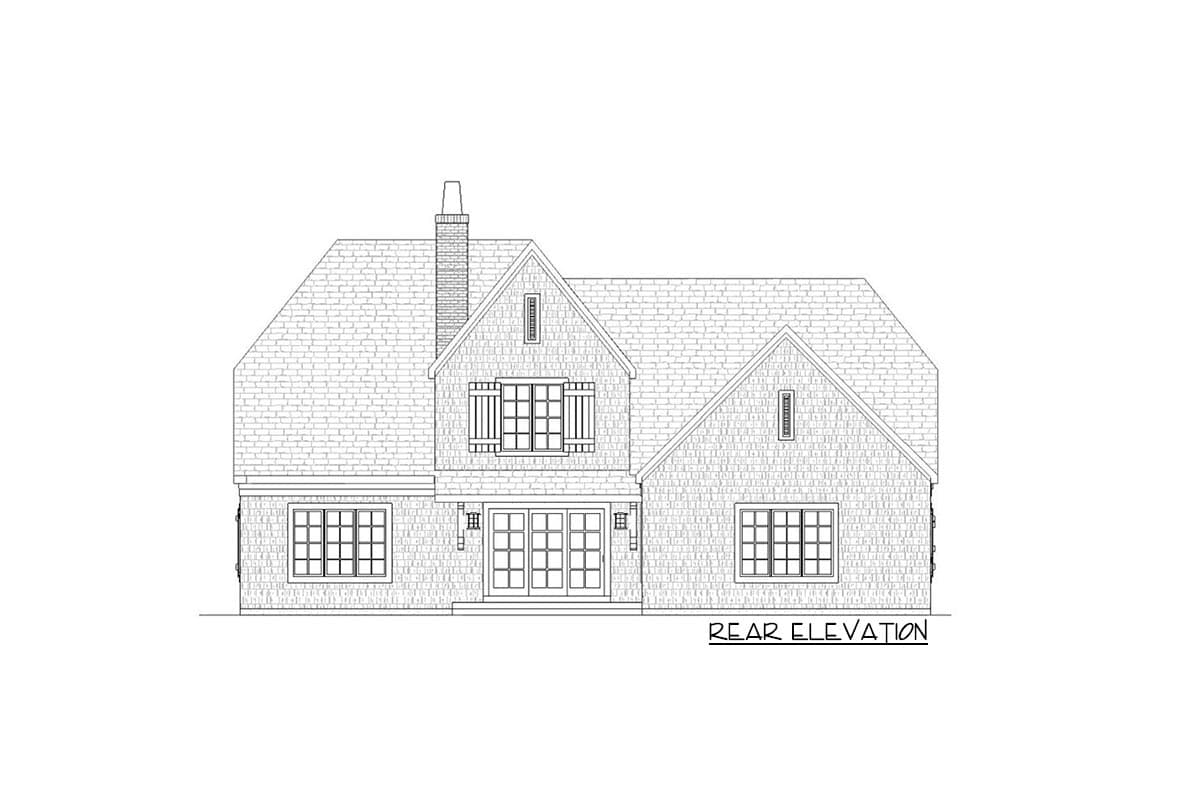 Rear elevation drawing of a two-story house with gables, a prominent chimney, multi-pane windows, and double doors.