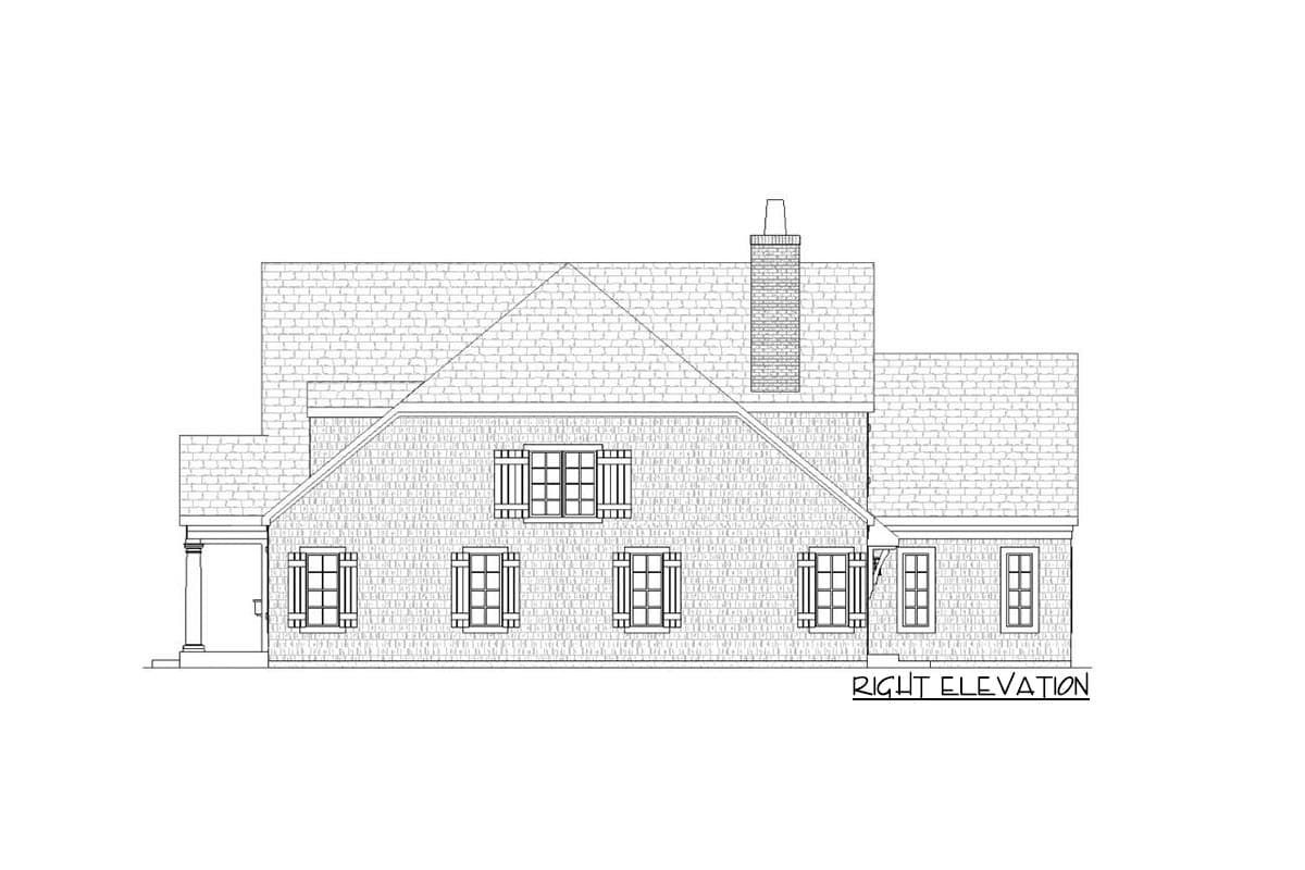Right elevation house plan drawing shows a two-story building with a porch, multiple windows with shutters, and a prominent brick chimney.