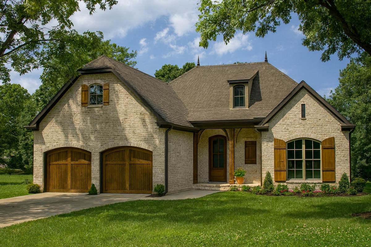 House plan exterior. Two-story, brick facade, arched garage doors, gables with dormers, and a covered front entry porch.