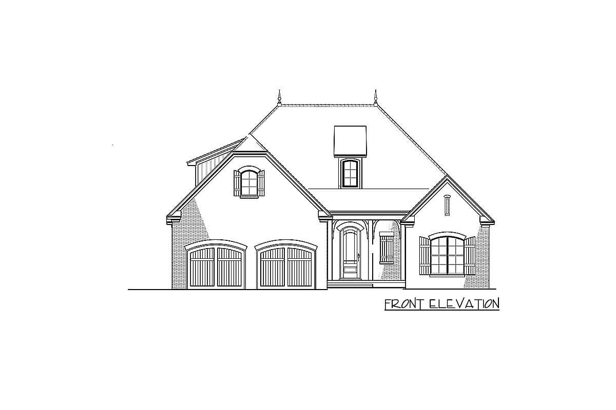 Front elevation drawing of a two-story house plan with a hipped roof, dormer, arched garage doors, and covered entry.