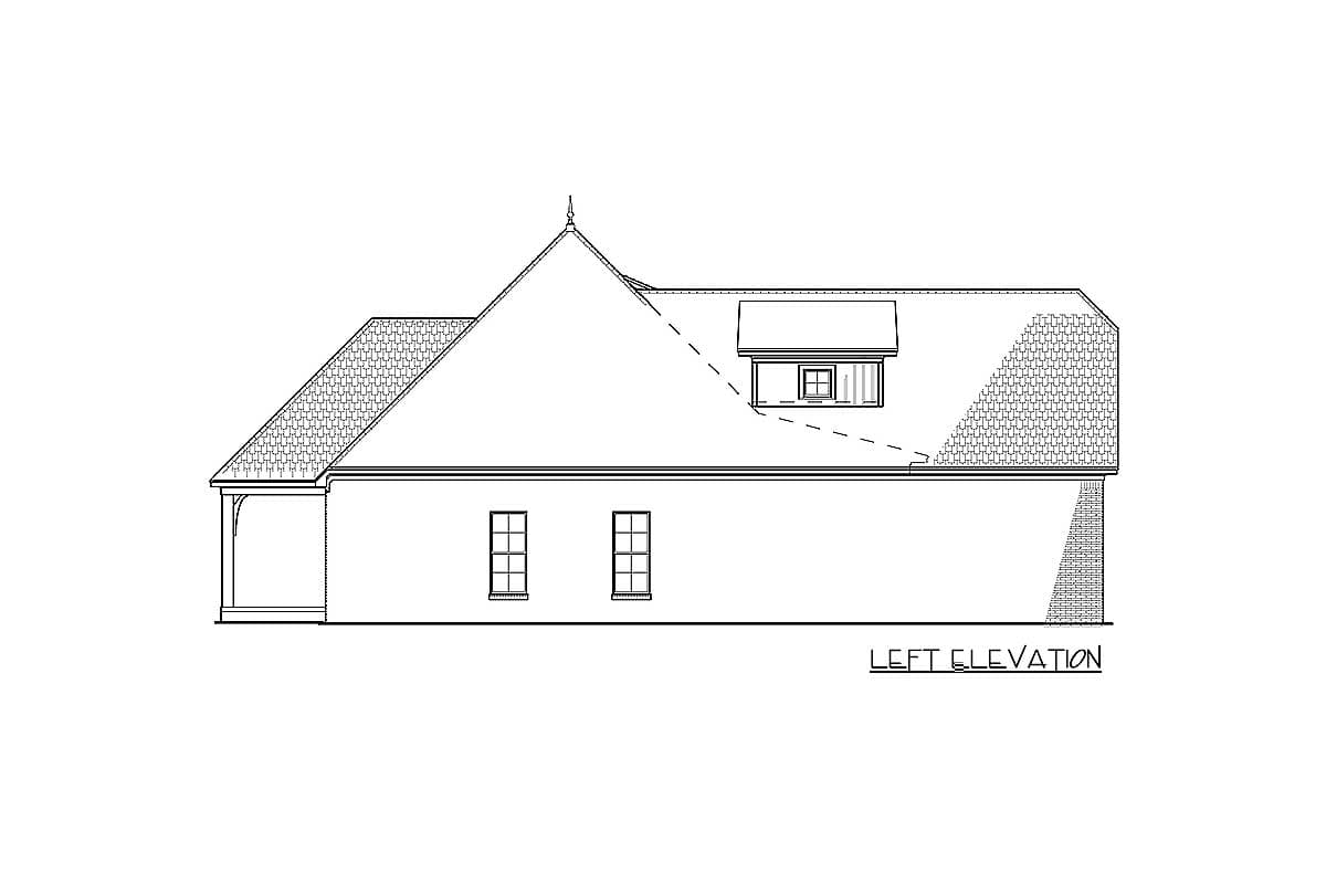 Left elevation house plan with a prominent hip roof, dormer window, and covered porch.