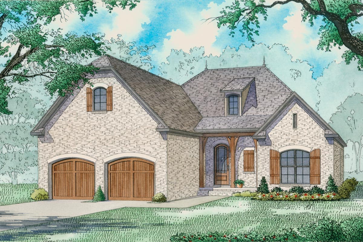 House plan exterior: brick, two-story, gabled roof, dormers, arched double garage doors, covered entry with wood beams.