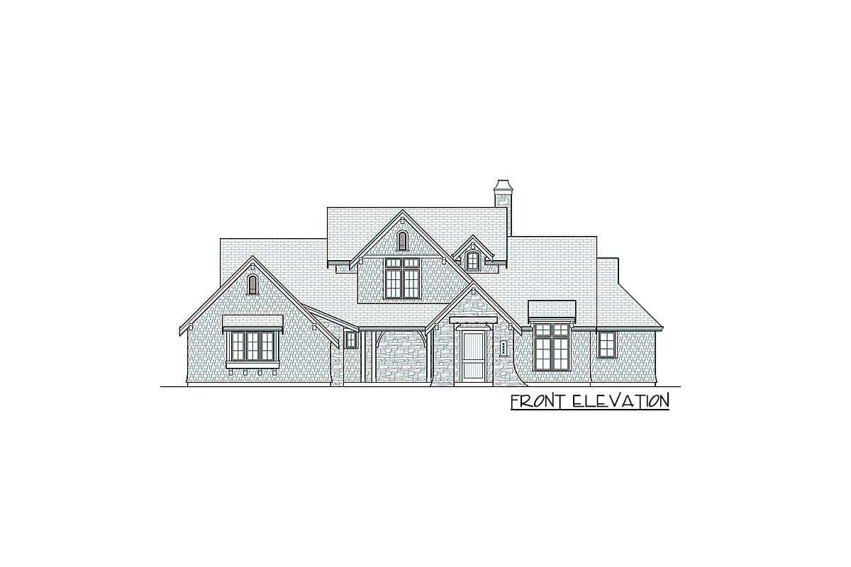 Front elevation house plan with stone accents, gables, dormers, and a covered entry.