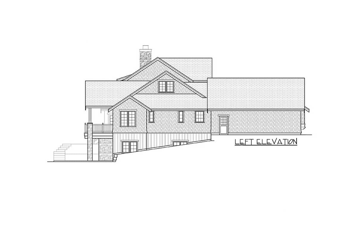 Left elevation house plan with multiple gables, dormers, covered porch, and stone foundation.