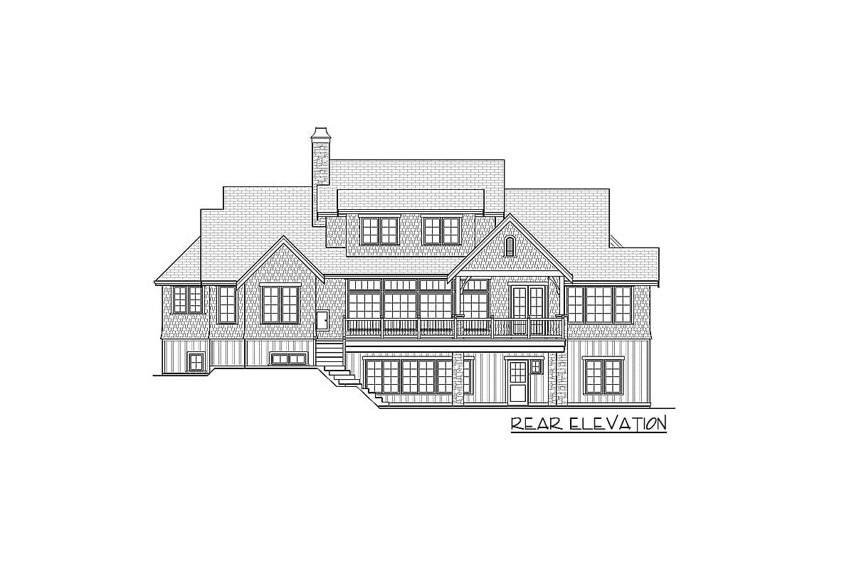 Rear elevation drawing of a two-story house plan with multiple gables, dormers, and a wraparound deck.
