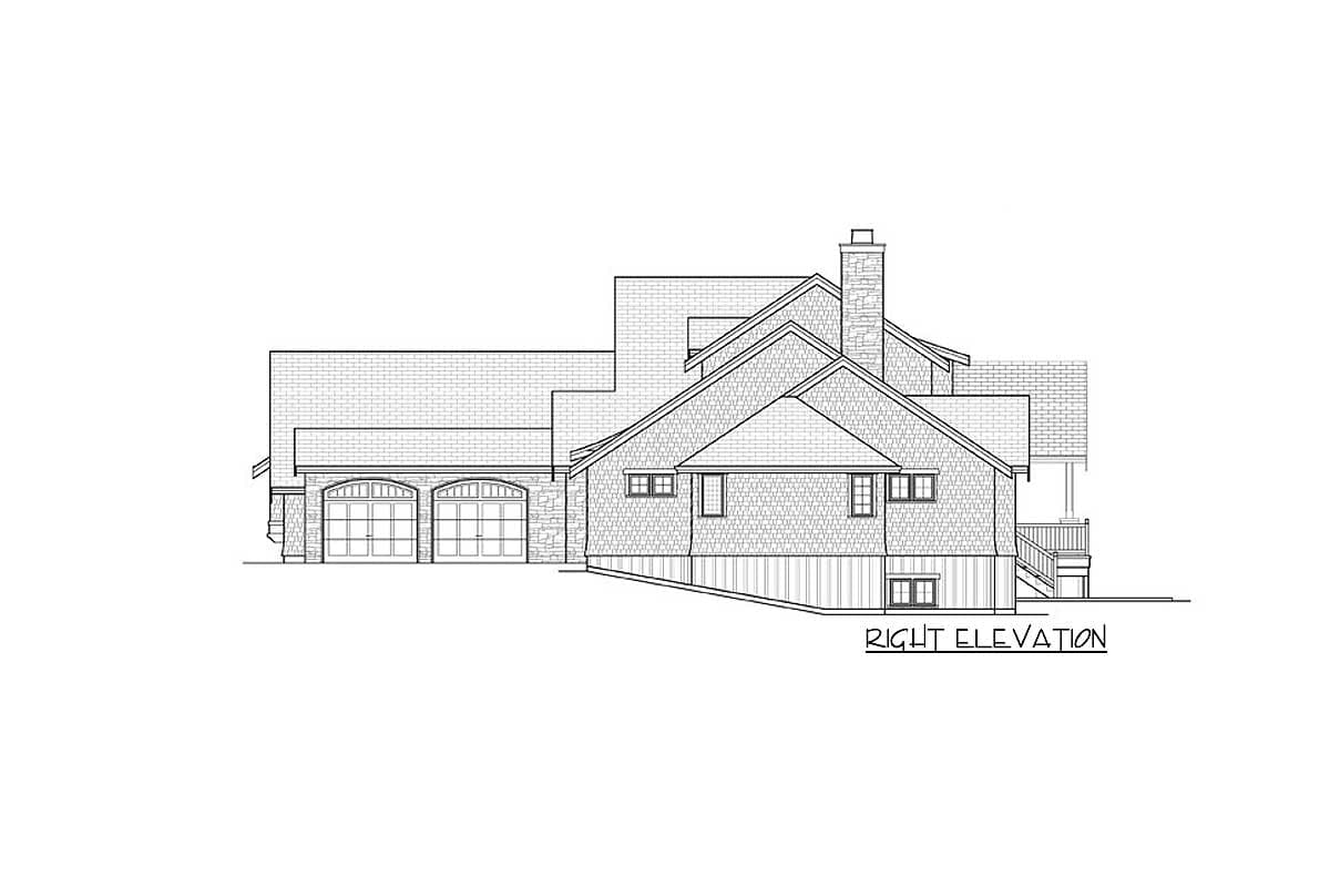 Right elevation house plan showing a two-car garage, stone facade, multiple gables, and a prominent chimney.