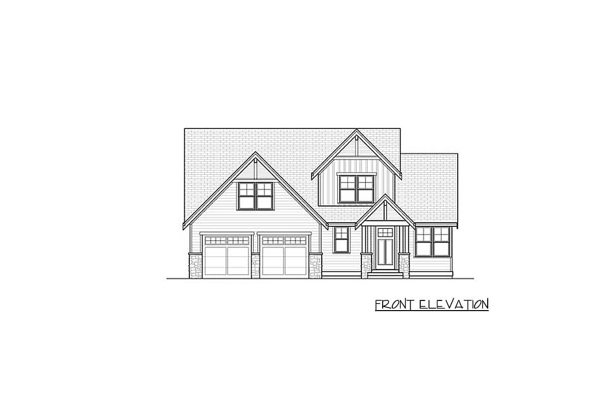 Front elevation drawing of a two-story house with a gable roof, dormer, covered entry, and a three-car garage.