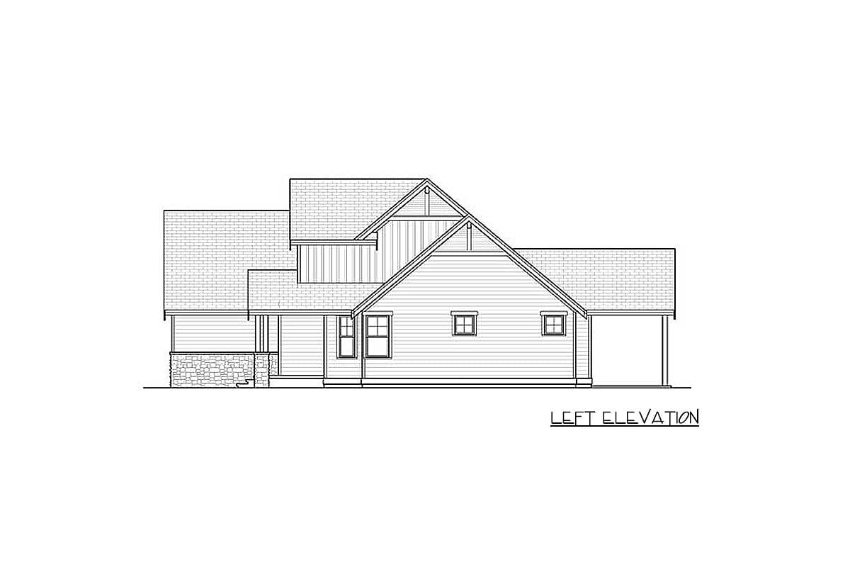 Left elevation of a house plan featuring a covered porch, gabled roof, multiple dormers, and attached carport.