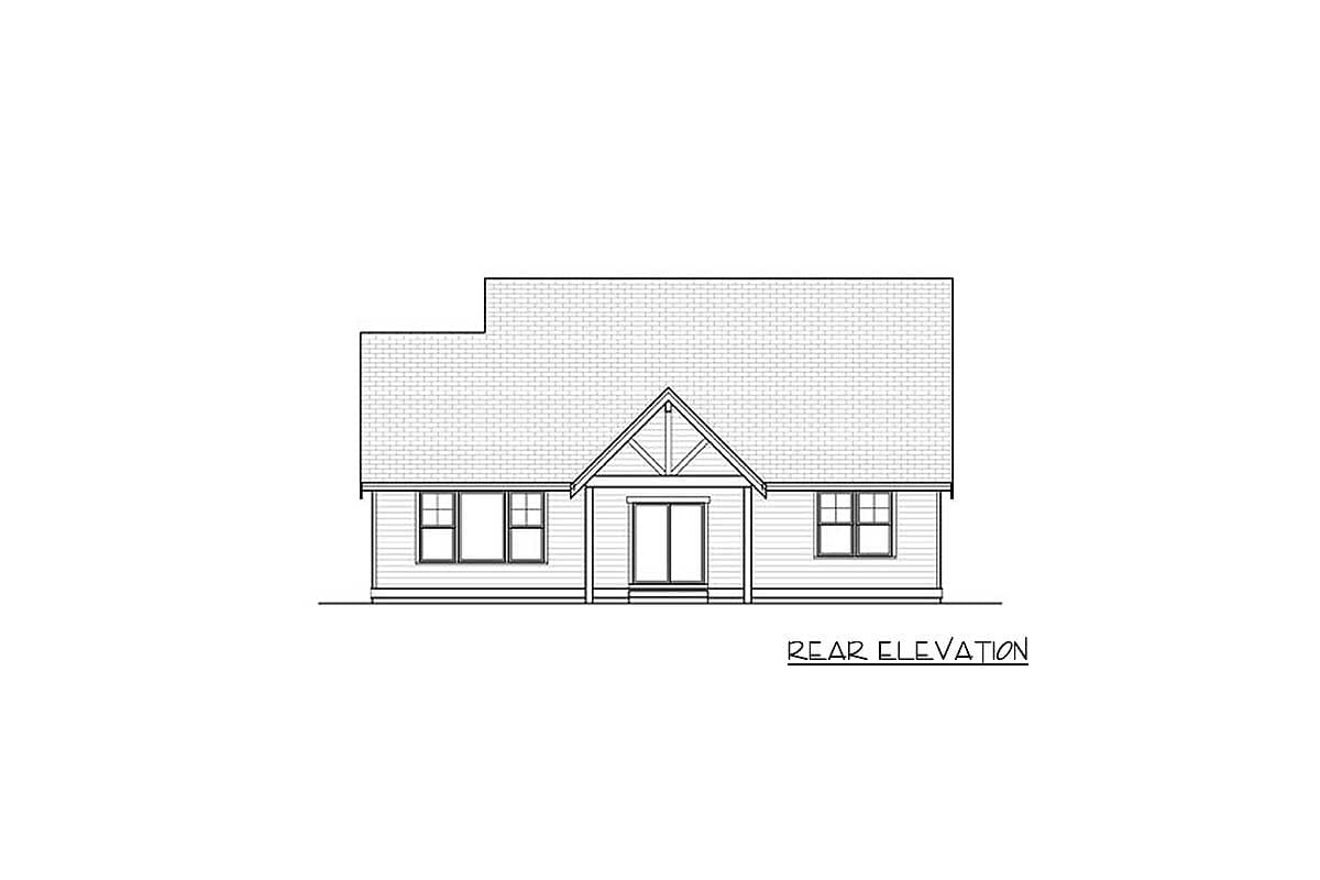 Rear elevation drawing of a one-story house plan with a gable roof and decorative truss detail above the entrance.