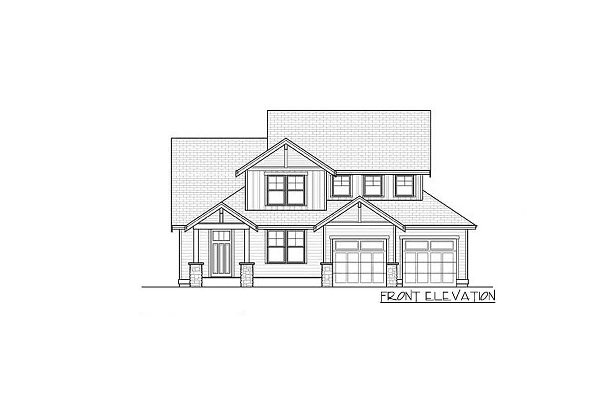Front elevation drawing of a two-story house plan featuring a covered porch, gables, and a three-car garage.