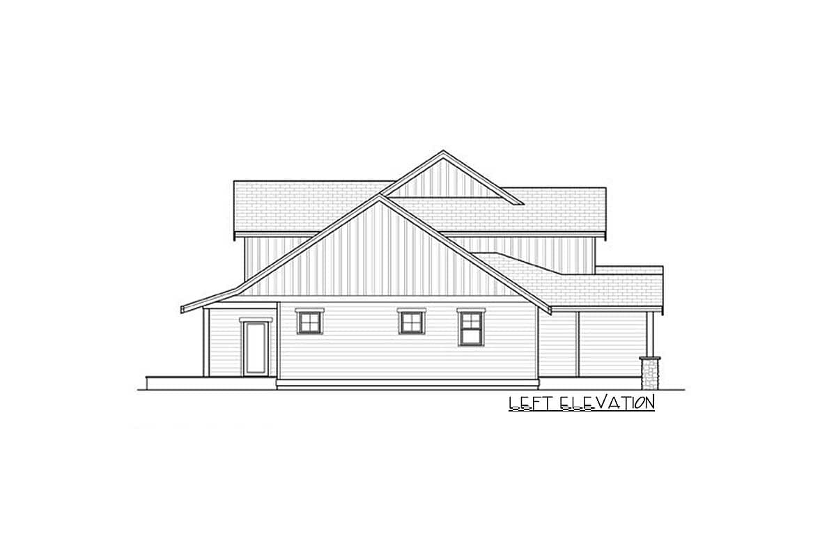 Left elevation of a two-story house plan with a prominent gable, varied rooflines, and multiple windows.