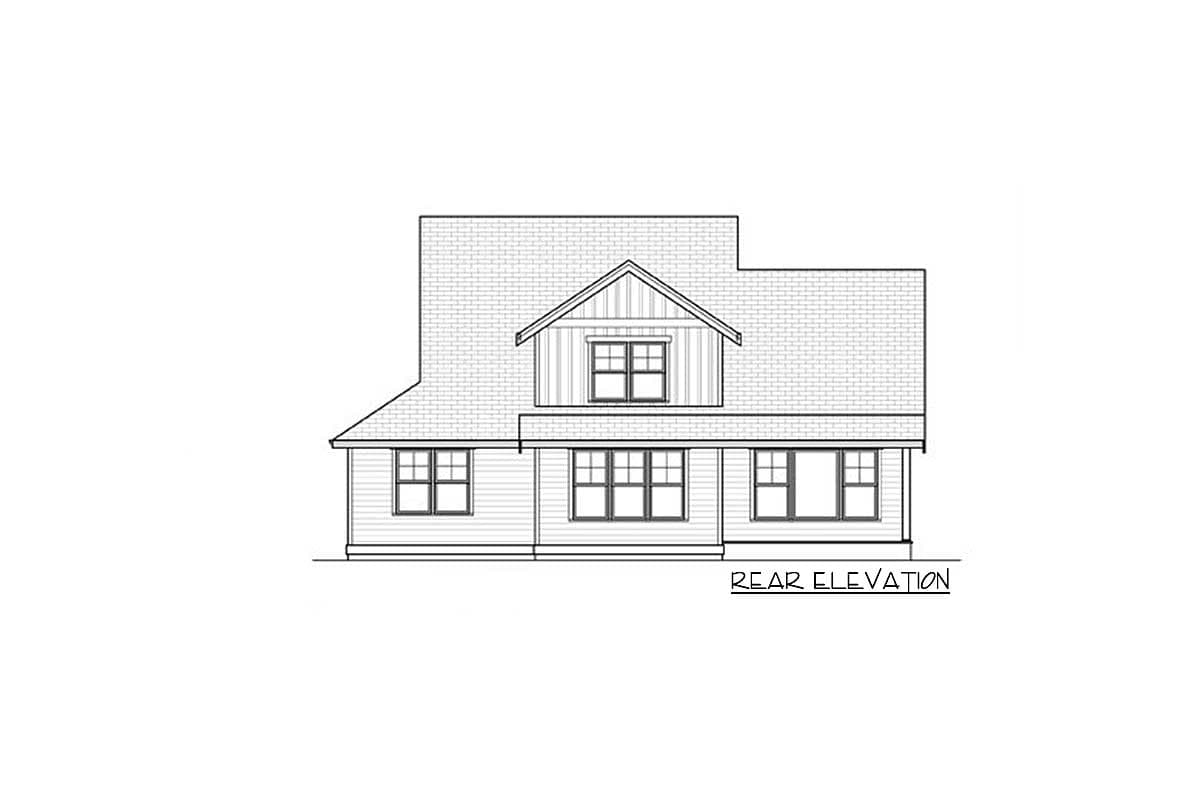 Rear elevation drawing of a house plan with a gable dormer and multiple windows.