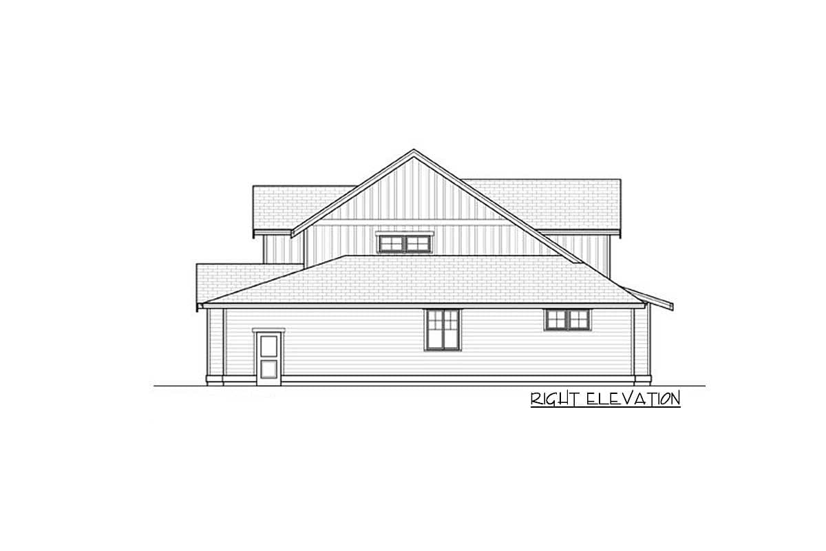 Right elevation drawing of a two-story house plan with gables, dormers, and lap siding.