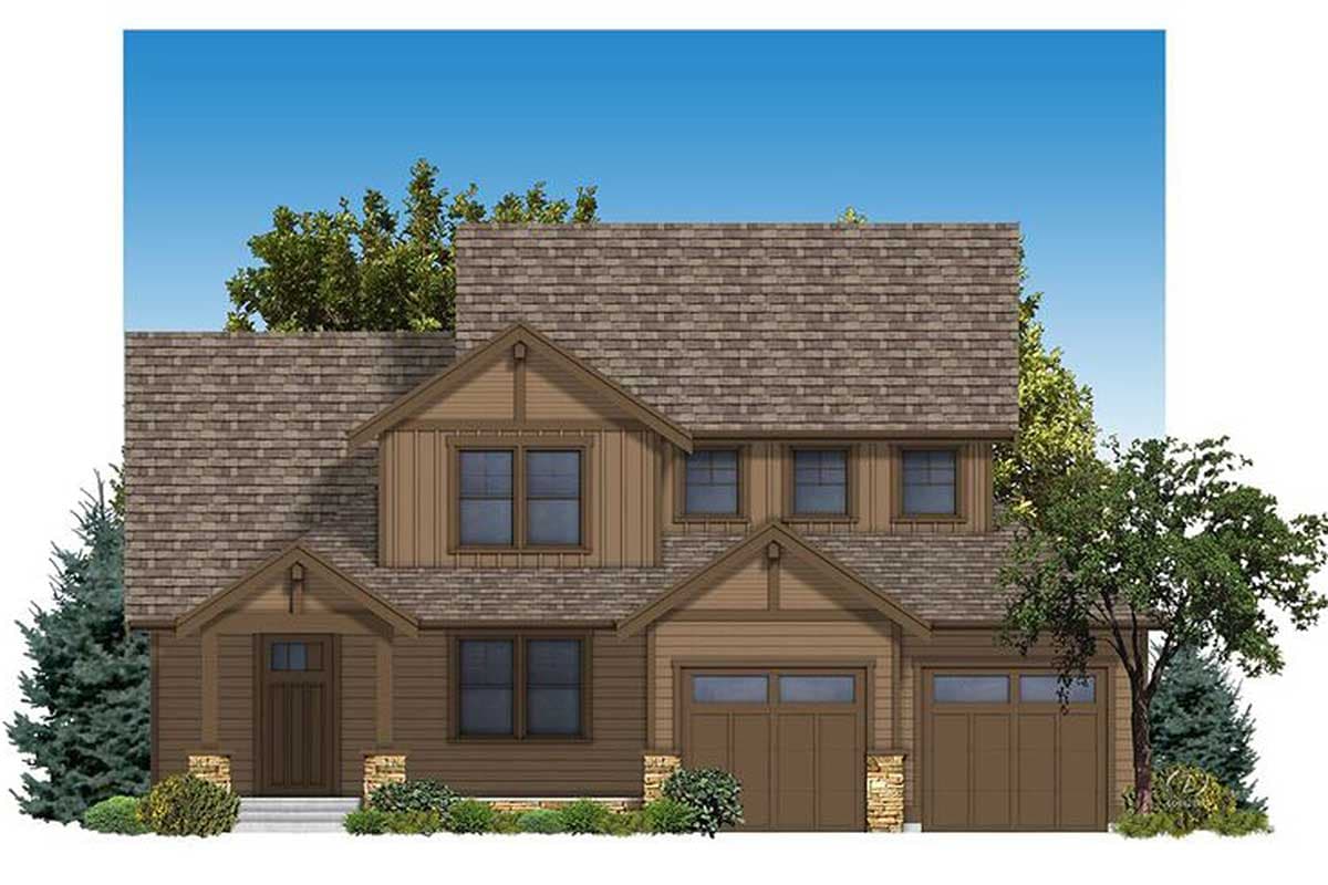 House plan exterior: Two-story home with gables, dormers, stone-accented porch, and a two-car garage.