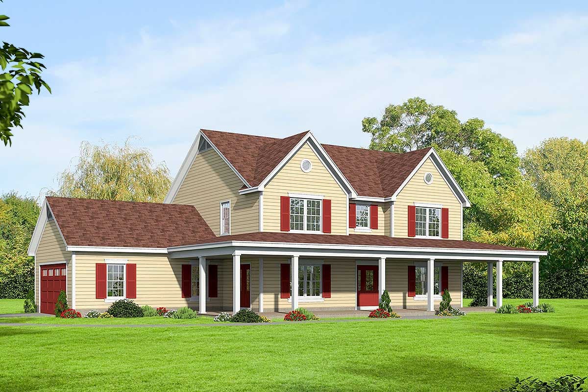 House plan exterior featuring a two-story Colonial style home with a full-width front porch, gabled rooflines, and attached garage.