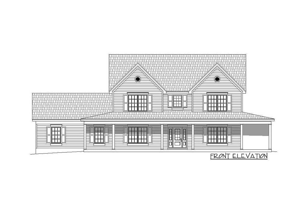 Front elevation drawing of a two-story house with a wraparound porch, gables, and attached garage.