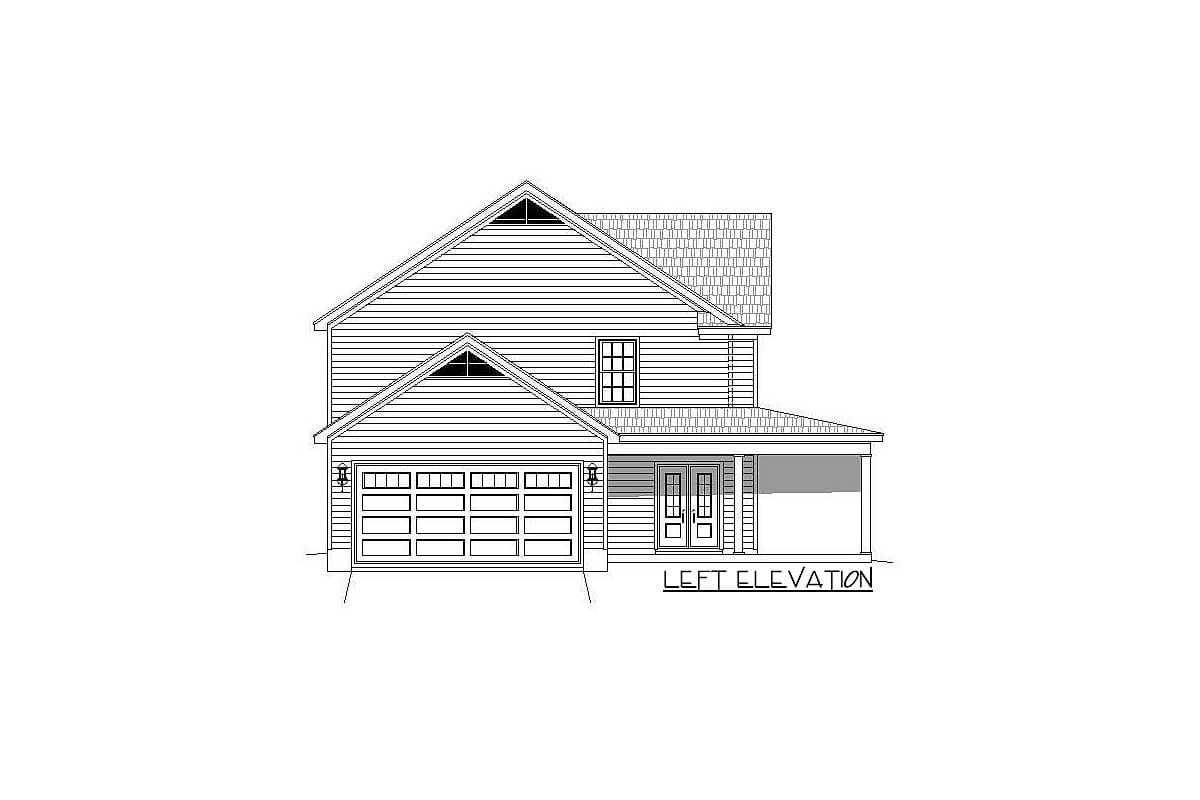 Left elevation house plan with two-story siding, front-facing gable, attached two-car garage, and covered front porch.