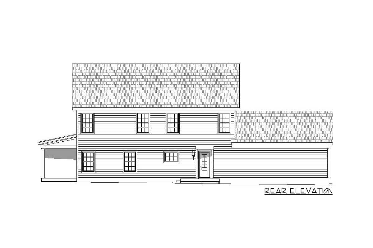 Rear elevation of a two-story house plan with a porch, multiple windows, and a symmetrical facade.