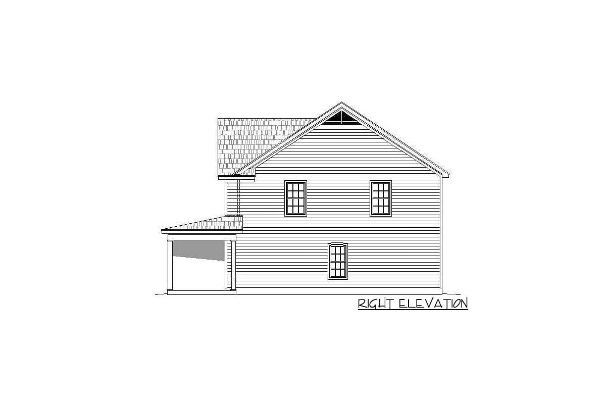 Right elevation drawing of a two-story house with horizontal siding, a gable roof, and a covered porch.