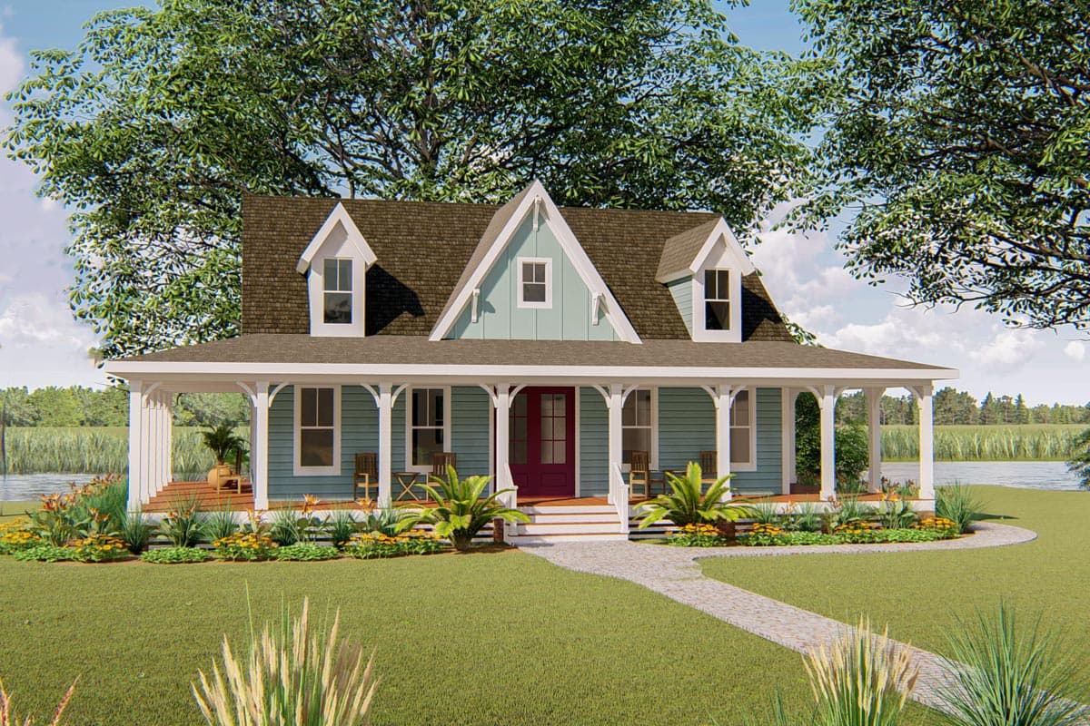 House plan exterior: One-story Modern Farmhouse with wraparound porch, dormers, and prominent gable.