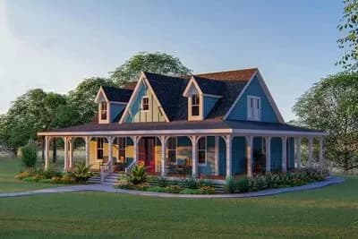 3-Bed Country Home Plan with 3-Sided Wraparound Porch